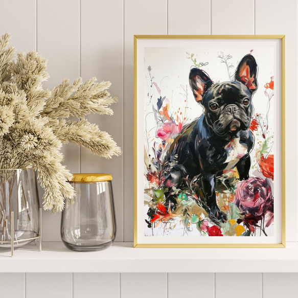 【犬花爛漫 - フレンチブルドッグ犬 No.1】モダンアートポスター 犬の絵 犬の絵画 犬のイラスト 8枚目の画像