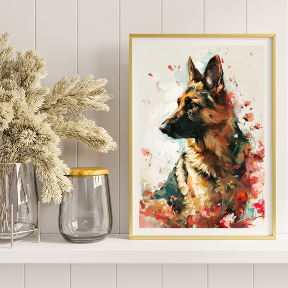 【犬花爛漫 - ジャーマンシェパード犬 No.1】モダンアートポスター 犬の絵 犬の絵画 犬のイラスト 8枚目の画像