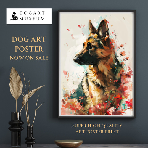 犬の絵画。珍品です。 犬花爛漫 - ジャーマンシェパード犬 No.1】モダンアートポスター