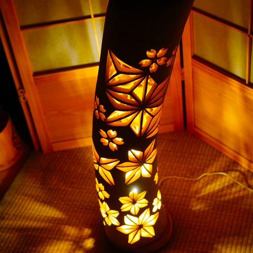 全面彫 希少曲がり竹 竹灯り・竹灯籠・竹灯篭・竹ランプ 繊細彫り