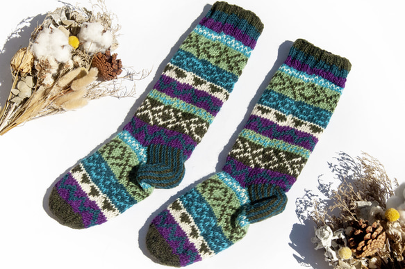 手編みウールニットソックス/ストライプソックス/ウールかぎ針編みストッキング/暖かいウールソックス-北欧フェアアイランドの風青空 1枚目の画像