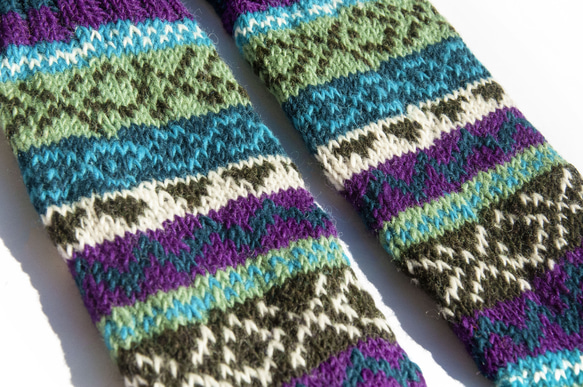 手編みウールニットソックス/ストライプソックス/ウールかぎ針編みストッキング/暖かいウールソックス-北欧フェアアイランドの風青空 3枚目の画像