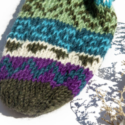 手編みウールニットソックス/ストライプソックス/ウールかぎ針編みストッキング/暖かいウールソックス-北欧フェアアイランドの風青空 8枚目の画像
