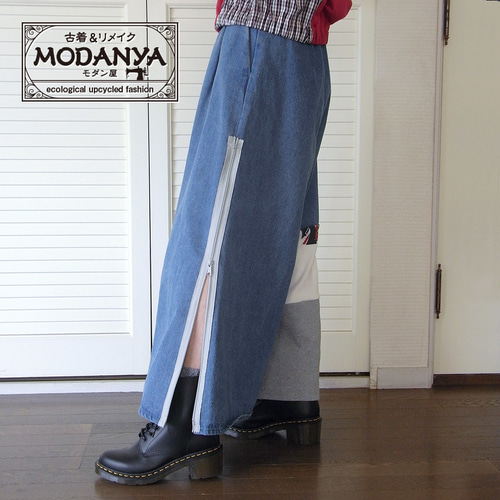 リメイク古着［pants04］サイドジップ+裾切り替えデニムワイド