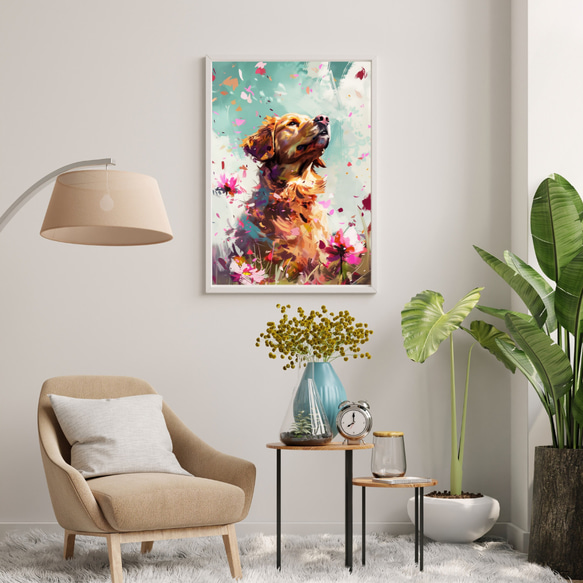 【犬花爛漫 - ゴールデンレトリバー犬 No.2】モダンアートポスター 犬の絵 犬の絵画 犬のイラスト 7枚目の画像