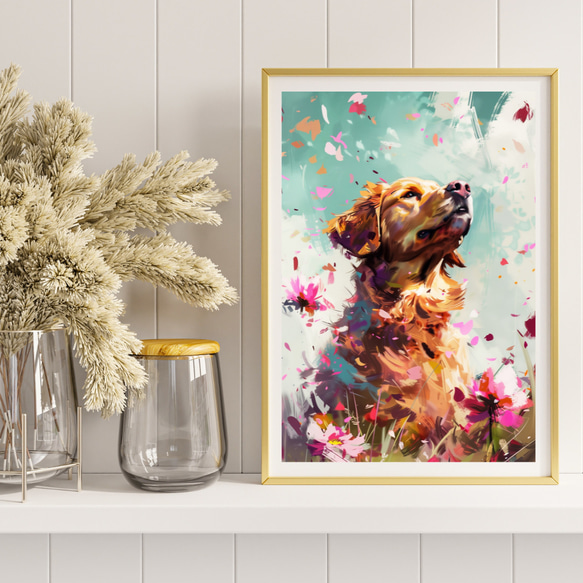 【犬花爛漫 - ゴールデンレトリバー犬 No.2】モダンアートポスター 犬の絵 犬の絵画 犬のイラスト 8枚目の画像