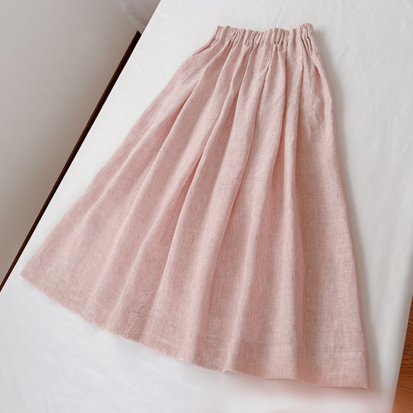 ベルギーリネン ギャザースカート サーモンピンク×白 ストライプ 1枚目の画像
