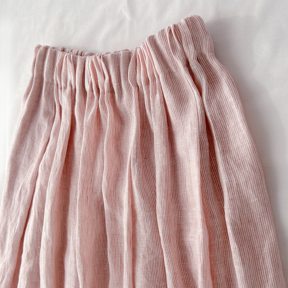 ベルギーリネン ギャザースカート サーモンピンク×白 ストライプ 4枚目の画像