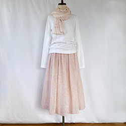 ベルギーリネン ギャザースカート サーモンピンク×白 ストライプ 2枚目の画像