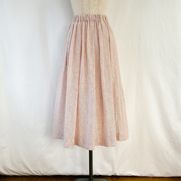 ベルギーリネン ギャザースカート サーモンピンク×白 ストライプ 3枚目の画像