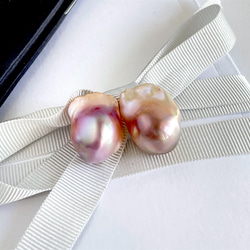 牡蠣珍珠紫粉色耳環 (18x13mm) K14gf 第4張的照片