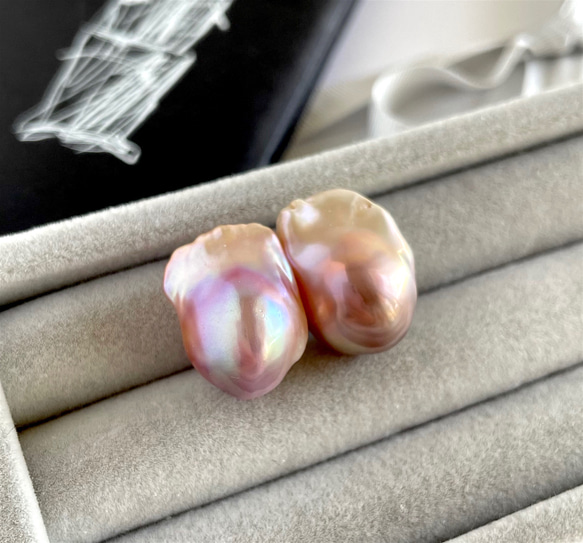 牡蠣珍珠紫粉色耳環 (18x13mm) K14gf 第3張的照片