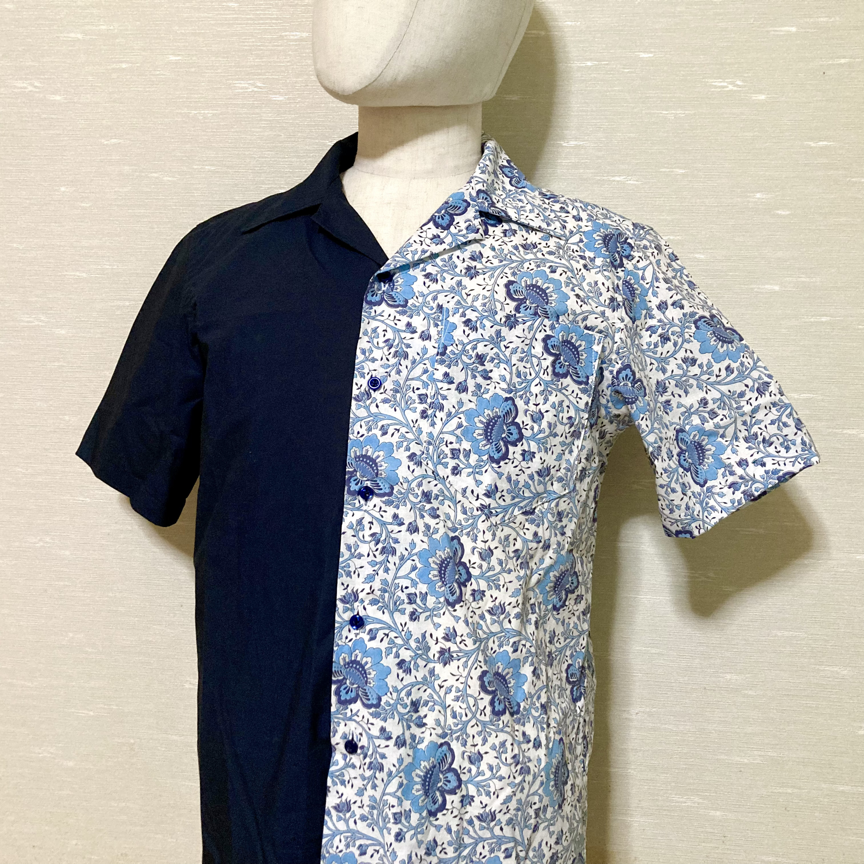 Playful Chic ｜メンズL ｜アロハ｜バイカラー｜ボタニカル柄シャツ｜ハンドメイド｜一点もの｜夏