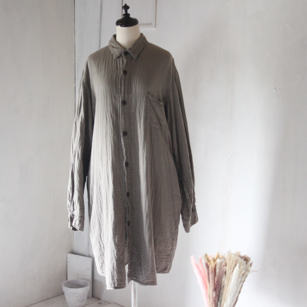 gauze long shirt jacket /草木染め ダブルガーゼロングシャツ 橡鼠色 矢車染め
