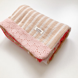 ガーゼケット　おしゃれ切り替え　ピンク　ブランケット　カフェマット　出産準備　出産祝い　ギフト　枕カバー 5枚目の画像