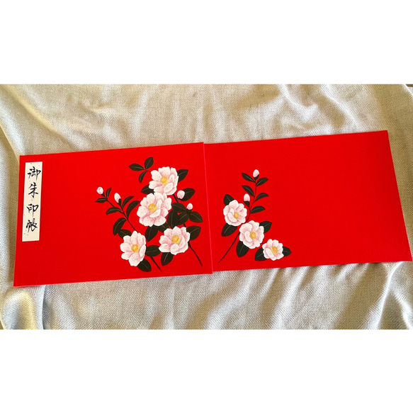 【見開きタイプ】手描き一点物 さざんか/御朱印帳 4枚目の画像