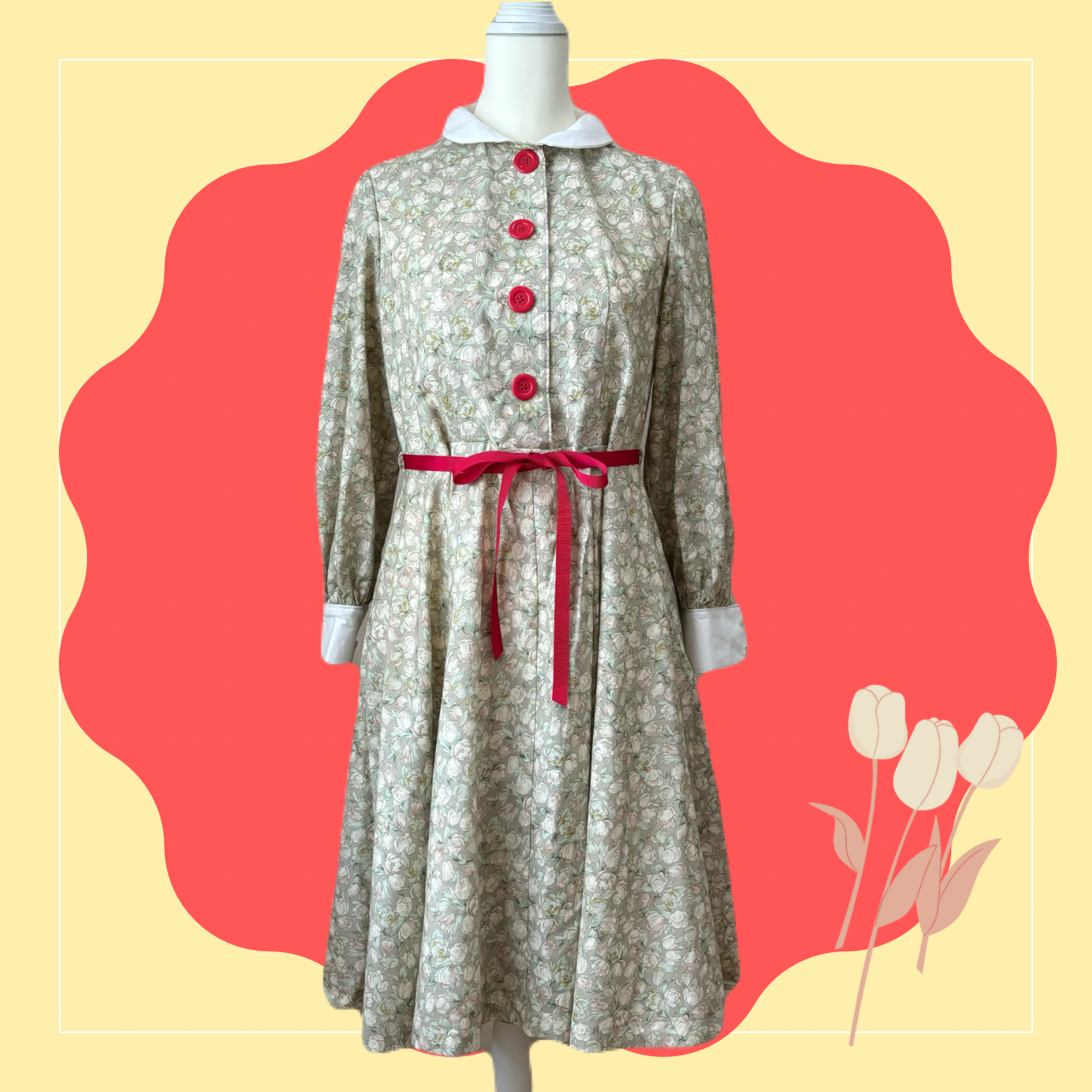 ノスタルジックなチューリップ柄のフレアワンピース　グレージュ 24,500円