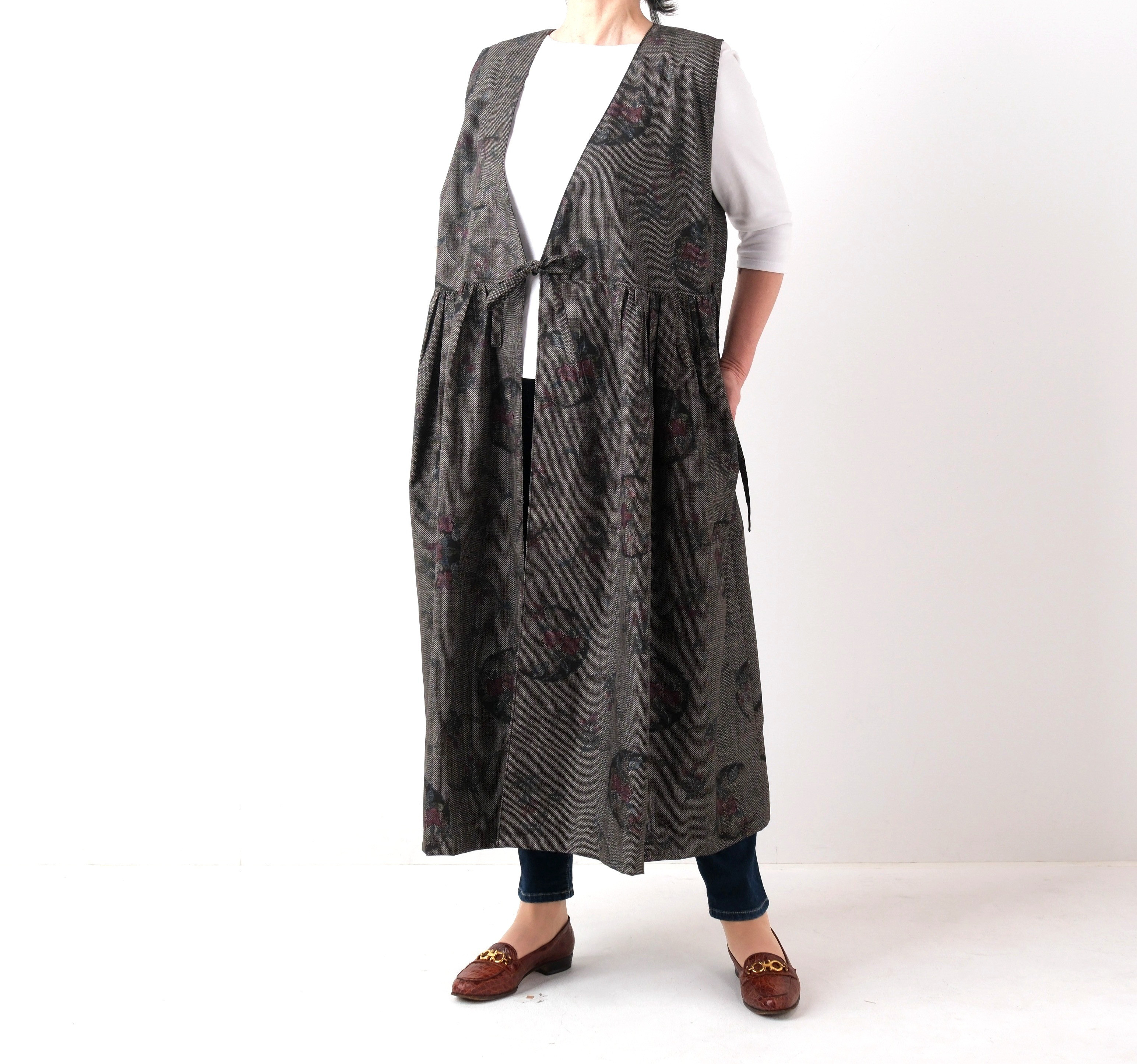 アンティーク大島紬のカシュクールワンピース ジャンパースカート ジレ  