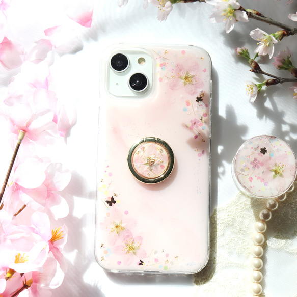 ❁⃘数量限定❁⃘桜ピンク｡❀·̩͙スマホリング付き 押し花スマホケース  全機種 iPhone15 さくら 1枚目の画像