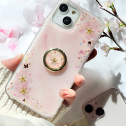 ❁⃘数量限定❁⃘桜ピンク｡❀·̩͙スマホリング付き 押し花スマホケース  全機種 iPhone15 さくら 2枚目の画像