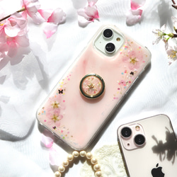 ❁⃘数量限定❁⃘桜ピンク｡❀·̩͙スマホリング付き 押し花スマホケース  全機種 iPhone15 さくら 3枚目の画像