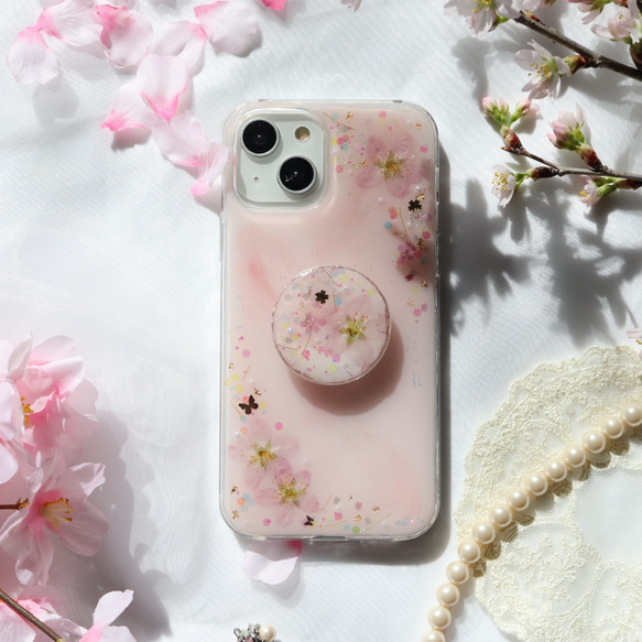 ❁⃘数量限定❁⃘桜ピンク❀スマホグリップ付き 押し花スマホケース  全機種 クリア iPhone15 5枚目の画像