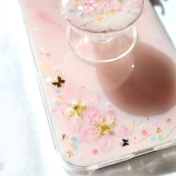 ❁⃘数量限定❁⃘桜ピンク❀スマホグリップ付き 押し花スマホケース  全機種 クリア iPhone15 6枚目の画像