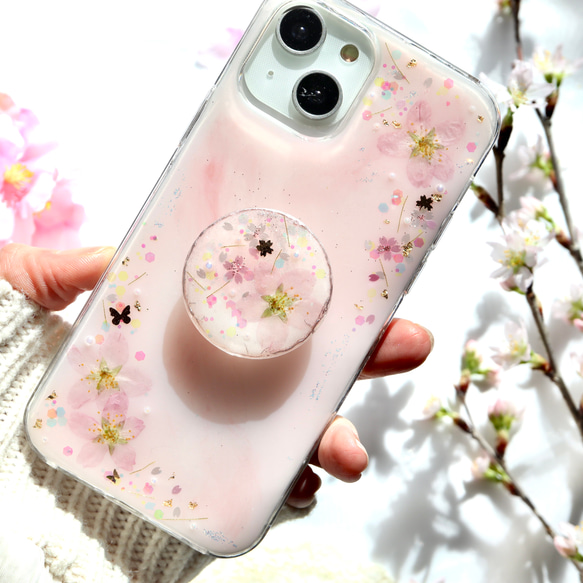 ❁⃘数量限定❁⃘桜ピンク❀スマホグリップ付き 押し花スマホケース  全機種 クリア iPhone15 2枚目の画像