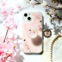 ❁⃘数量限定❁⃘桜ピンク❀スマホグリップ付き 押し花スマホケース  全機種 クリア iPhone15 1枚目の画像