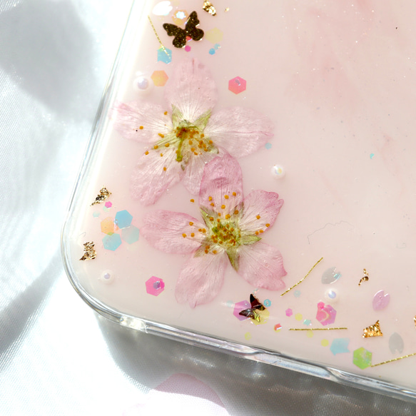 ❁⃘数量限定❁⃘桜ピンク❀スマホグリップ付き 押し花スマホケース  全機種 クリア iPhone15 10枚目の画像