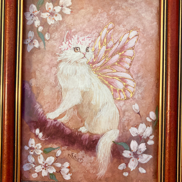 2L版サイズ絵画　猫の妖精さん　-桜-　　/原画　アンティーク　インテリアアート　桜ハンドメイド2024 6枚目の画像