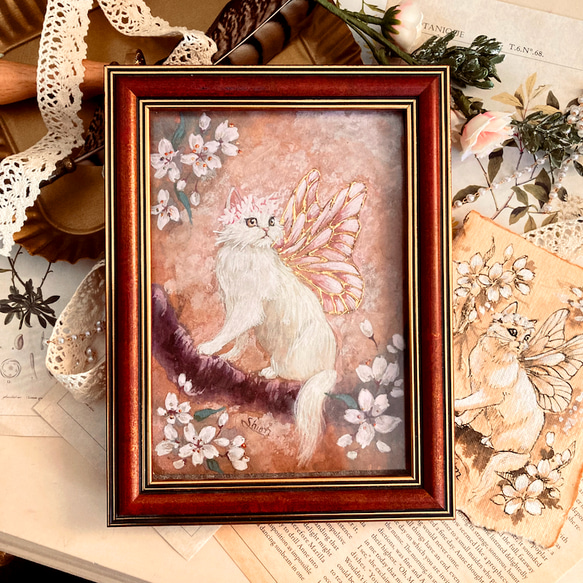 2L版サイズ絵画　猫の妖精さん　-桜-　　/原画　アンティーク　インテリアアート　桜ハンドメイド2024 1枚目の画像