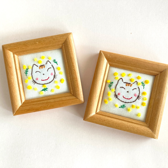 ミモザ　猫　春に飾る　刺繍　フレーム　額　 6枚目の画像