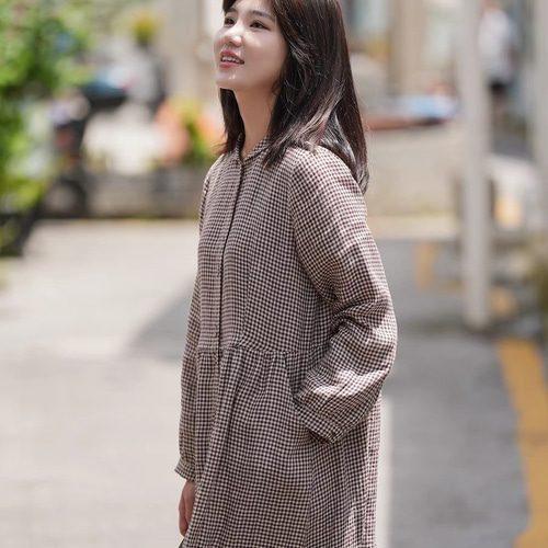 リネン100% チェック柄ロングワンピース ポケット付き【春夏秋