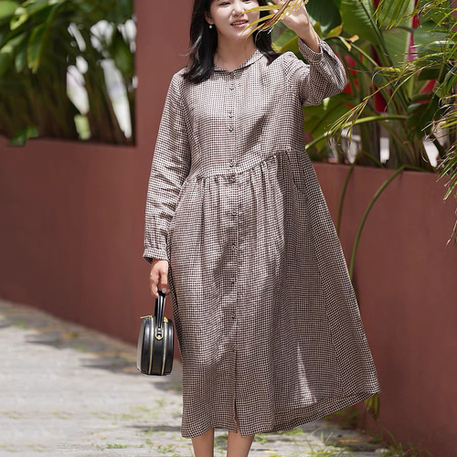 リネン100% チェック柄ロングワンピース ポケット付き【春夏秋