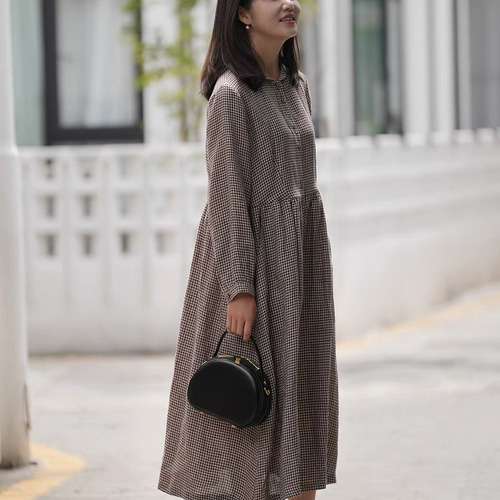 リネン100% チェック柄ロングワンピース ポケット付き【春夏秋  