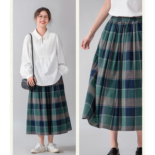 100%コットンチェック柄スカート 緑青格子スカート ゴムウエスト