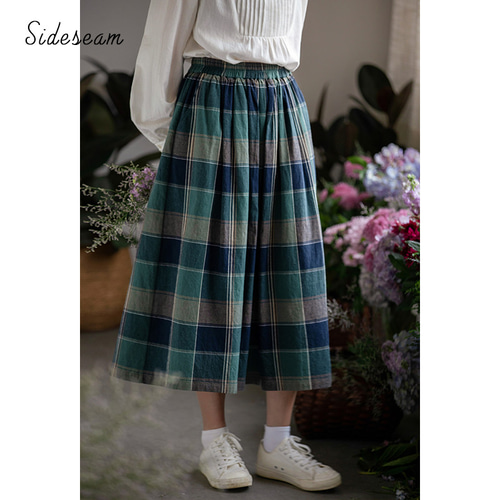 100%コットンチェック柄スカート 緑青格子スカート ゴムウエスト
