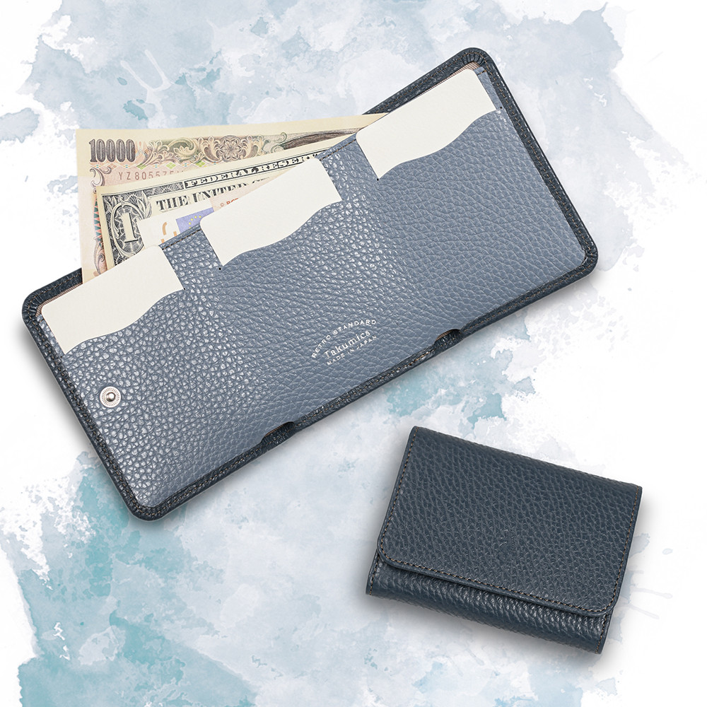 スリムなミニ財布 三つ折り財布 イタリア製 本革 シンプルなユニセックス 一粒万倍日 Navy x Light blue