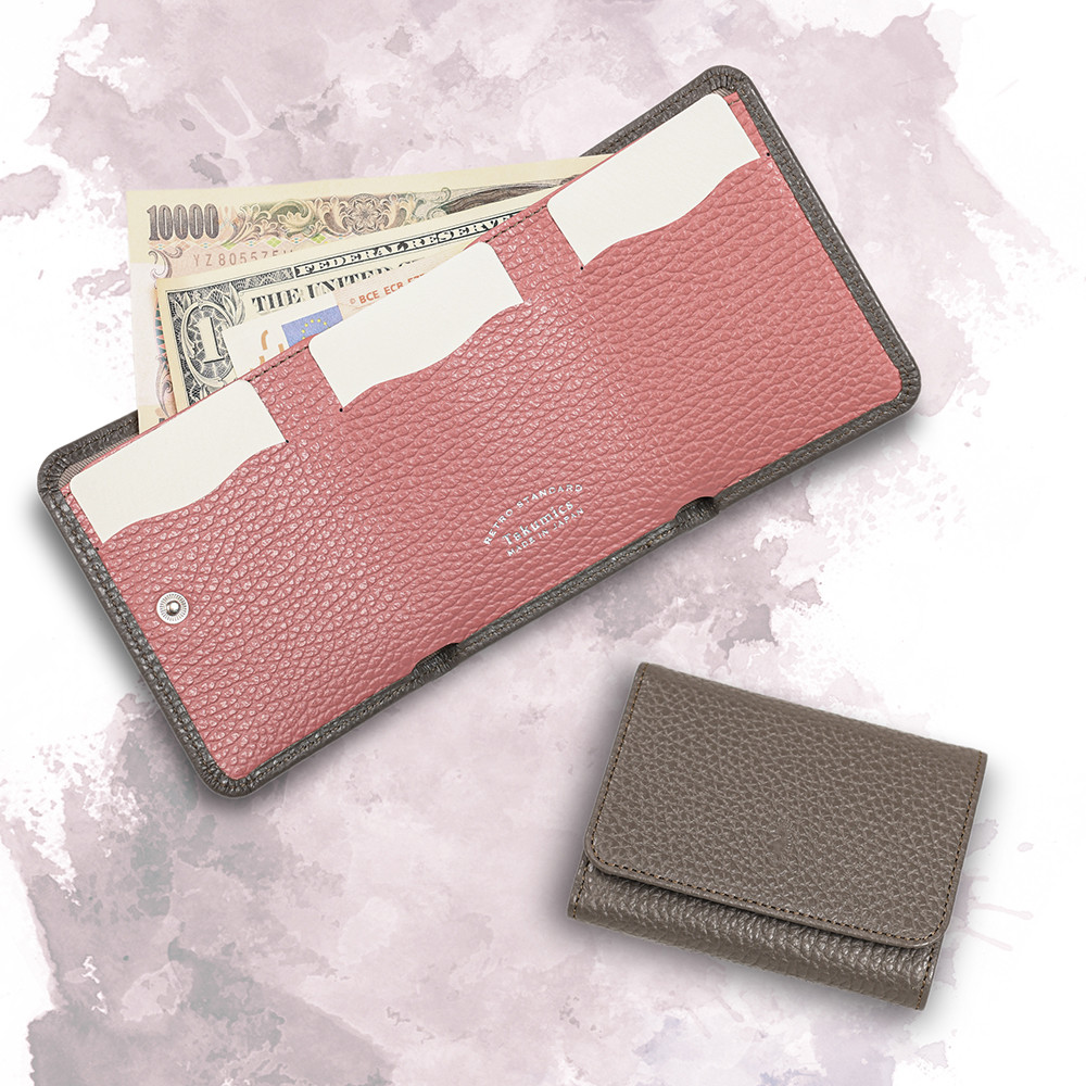 スリムなミニ財布 三つ折り財布 イタリア製 本革 シンプルなユニセックス 一粒万倍日 Gray x Dark pink