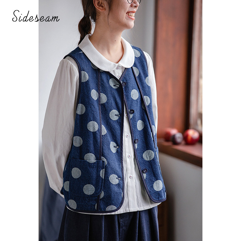 水玉デニムベスト　ジャガード織水玉100%コットンデニムベスト　ブルー　S-Mサイズ　S211