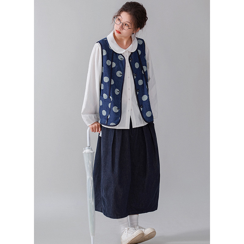 水玉デニムベスト　ジャガード織水玉100%コットンデニムベスト　ブルー　S-Mサイズ　S211