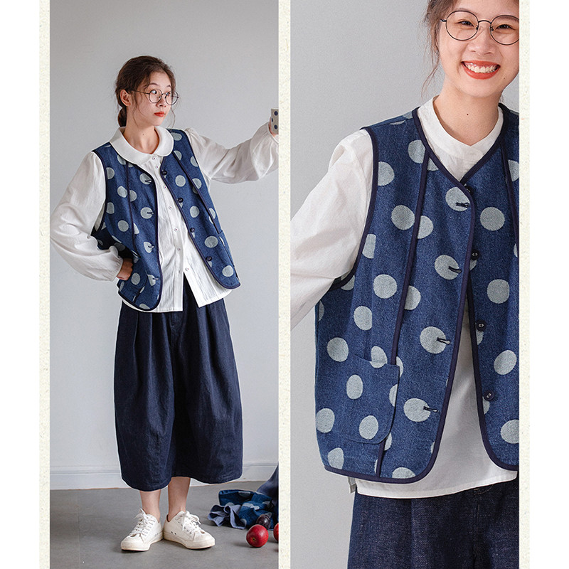 水玉デニムベスト　ジャガード織水玉100%コットンデニムベスト　ブルー　S-Mサイズ　S211