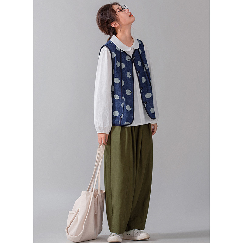 水玉デニムベスト　ジャガード織水玉100%コットンデニムベスト　ブルー　S-Mサイズ　S211