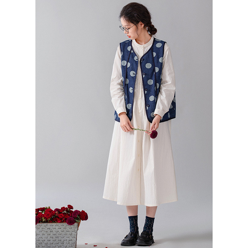 水玉デニムベスト　ジャガード織水玉100%コットンデニムベスト　ブルー　S-Mサイズ　S211