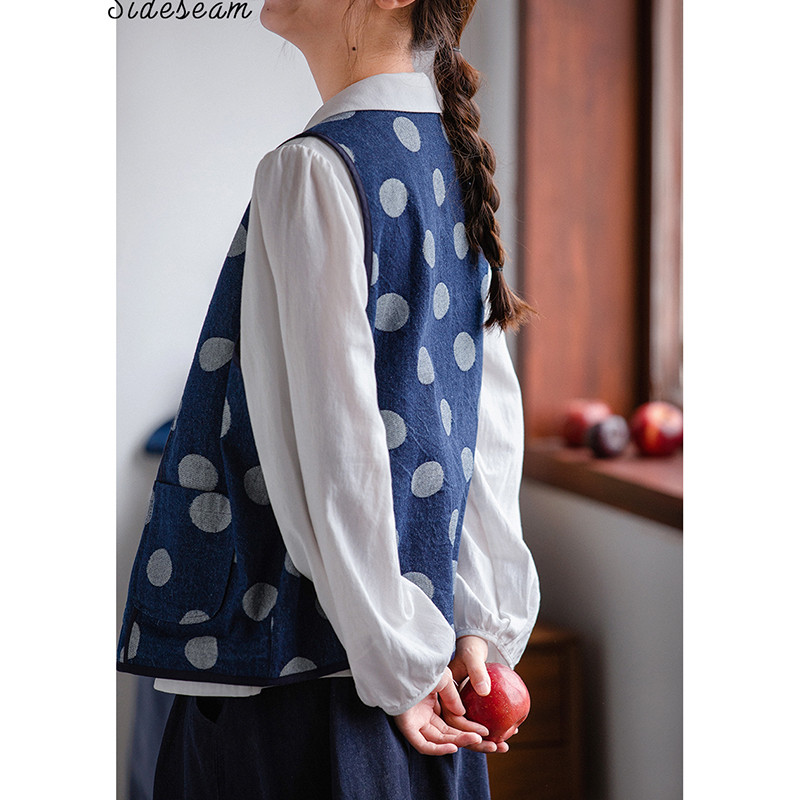 水玉デニムベスト　ジャガード織水玉100%コットンデニムベスト　ブルー　S-Mサイズ　S211