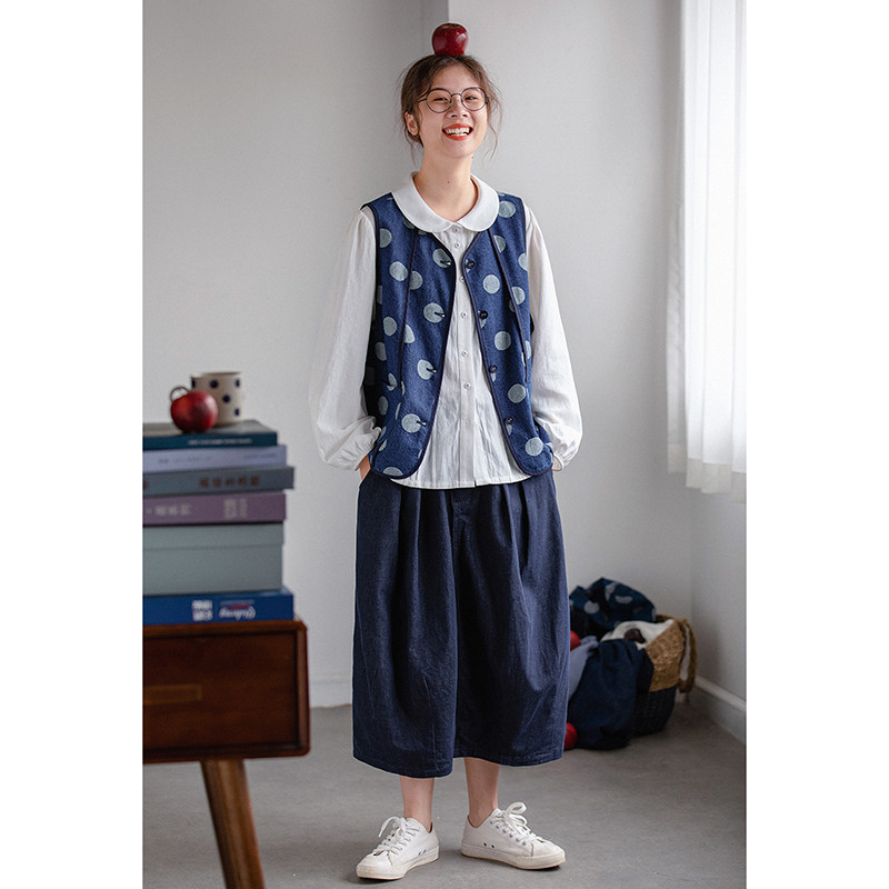 水玉デニムベスト　ジャガード織水玉100%コットンデニムベスト　ブルー　S-Mサイズ　S211