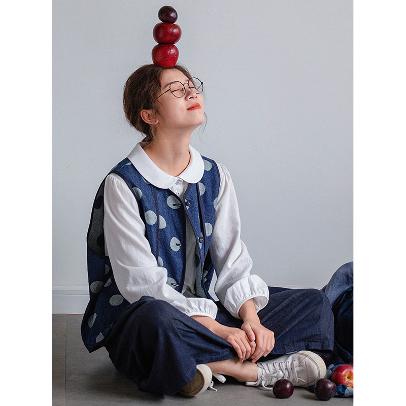 水玉デニムベスト　ジャガード織水玉100%コットンデニムベスト　ブルー　S-Mサイズ　S211