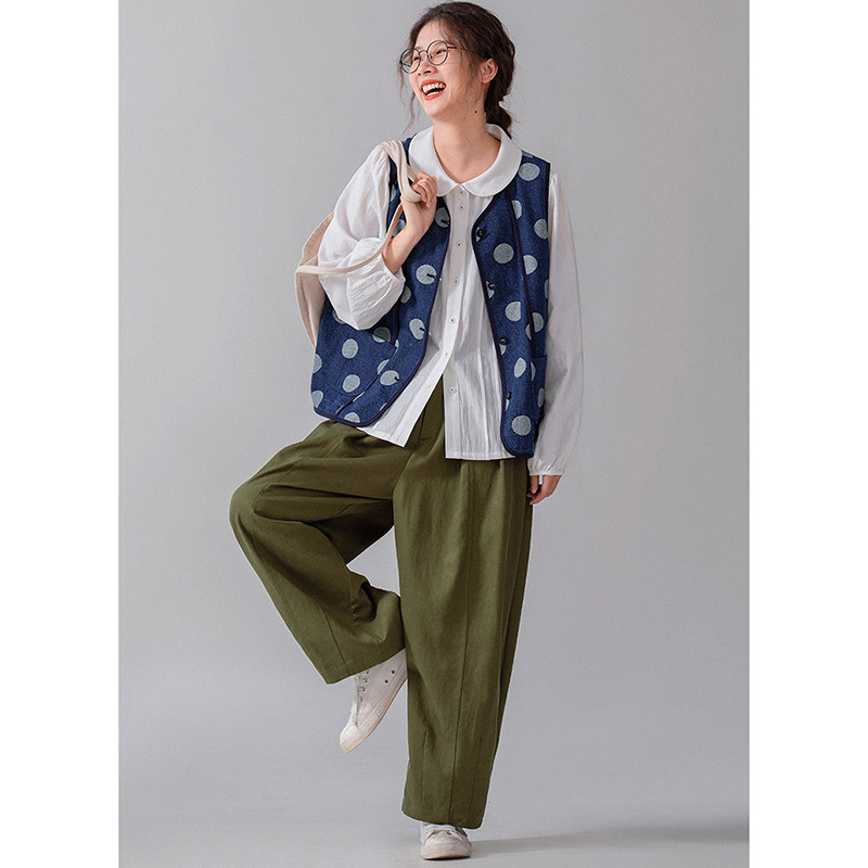 水玉デニムベスト　ジャガード織水玉100%コットンデニムベスト　ブルー　S-Mサイズ　S211