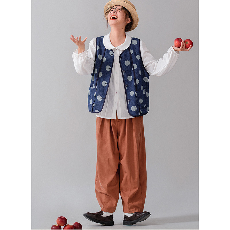 水玉デニムベスト　ジャガード織水玉100%コットンデニムベスト　ブルー　S-Mサイズ　S211